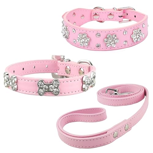 Newtensina 3 Stücke Hundehalsband und Leine Set Diamanti Blume Knochen Hundehalsband mit Leine für kleine Hunde - Rosa - S von Newtensina