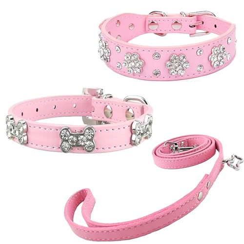 Newtensina 3 Stücke Hundehalsband und Leine Set Diamanti Blume Knochen Hundehalsband mit Leine für kleine Hunde - Rosa - XS von Newtensina