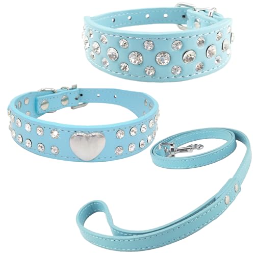 Newtensina 3 Stücke Hundehalsband und Leine Set Diamanti Herz Hundehalsband mit Leinen für kleine Hunde - Blau - S von Newtensina