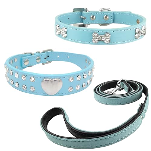 Newtensina 3 Stücke Hundehalsband und Leine Set Diamanti Herz Knochen Hundehalsband mit Leine für kleine Hunde - Blau - M von Newtensina