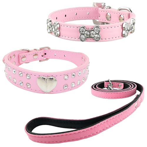 Newtensina 3 Stücke Hundehalsband und Leine Set Diamanti Herz Knochen Hundehalsband mit Leine für kleine Hunde - Rosa - XS von Newtensina