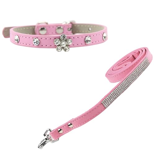 Newtensina Bling Welpe Kragen Niedlich Hundehalsband und Bling Leine mit Diamanti für Kleine Hunde Katzen - Rosa - XXS von Newtensina