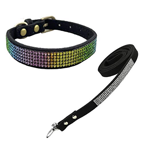 Newtensina Bunt Diamant Hundehalsband und Leine Regenbogen Farbig Welpenhalsband mit Leinen für Hunde - Black - XXS von Newtensina