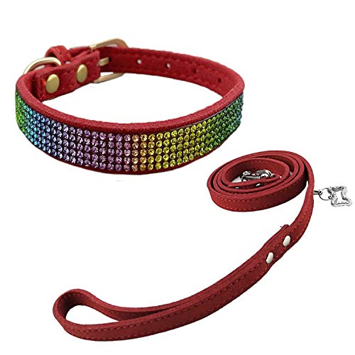 Newtensina Bunt Diamant Hundehalsband und Leine Regenbogen Farbig Welpenhalsband mit Leinen für Hunde - Red - M von Newtensina