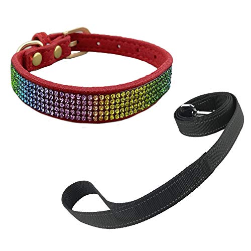 Newtensina Bunt Diamant Hundehalsband und Reflektierend Leine Regenbogen Farbig Welpenhalsband mit Leinen für Hunde - Red - XXS von Newtensina