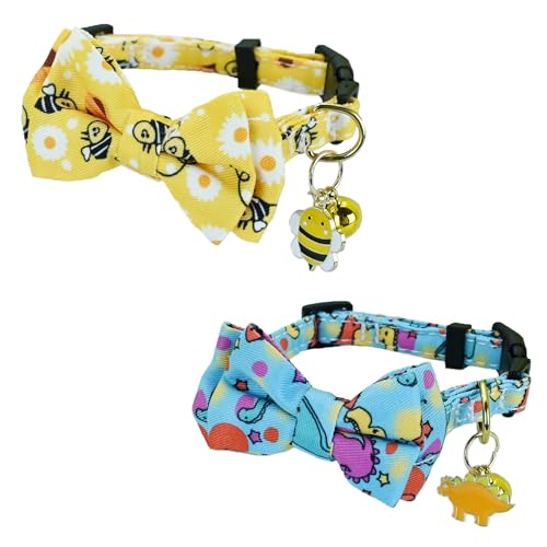 Newtensina Fashion 2 Pieces Cute Bee Dinosaurs Pattern Cat Collar with Bee Dinosaurs Pendant for Cats - YellowBlue von Newtensina