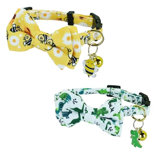 Newtensina Fashion 2 Pieces Cute Bee Dinosaurs Pattern Cat Collar with Bee Dinosaurs Pendant for Cats - YellowGreen von Newtensina