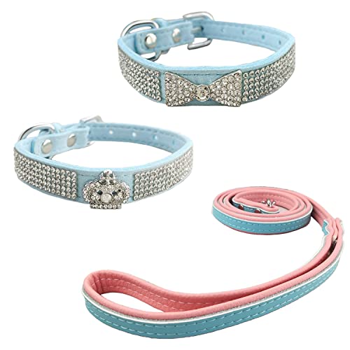 Newtensina Hundehalsband und Leine, mit Fliege und Krone, mit Leine, für kleine Hunde, Blau, 3 Stück von Newtensina