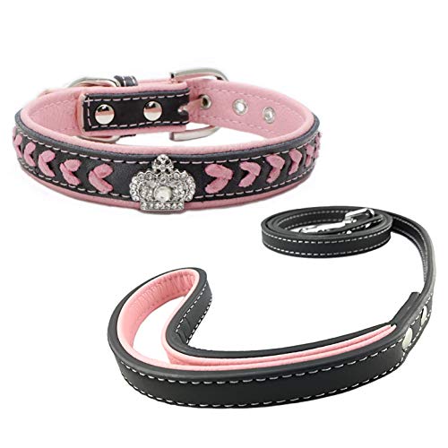 Newtensina Hundehalsband und Leine Set Nylonbänder gewebter Bling Kragen Leder Diamante Welpen Halsband mit Leinen für Hunde - Pink - M von Newtensina