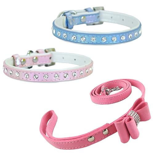 Newtensina Mode 3 Stück Hundehalsband und Hundeleine Welpenhalsband mit Diamante für kleine Hunde (0084) von Newtensina