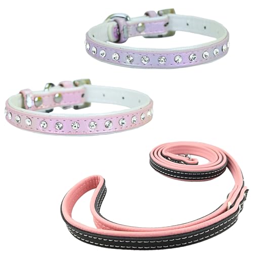 Newtensina Mode 3 Stück Hundehalsband und Hundeleine Welpenhalsband mit Diamante für kleine Hunde (0087) von Newtensina