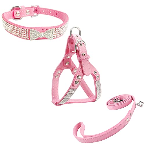 Newtensina Niedliches Hundehalsband mit Fliege und Geschirr und Leine, Set, bequem, weich, mit Geschirr und Leinen, Set für Hunde – Rosa – M von Newtensina