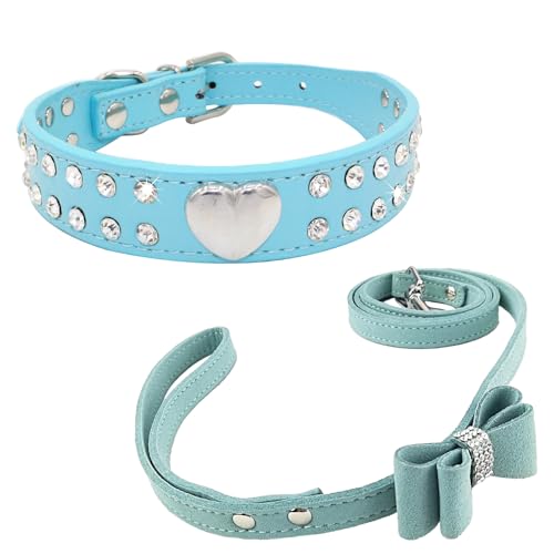 Newtensina PU Leder Niedliches Herz Hundehalsband und Leine für kleine Hunde - Blau - S von Newtensina