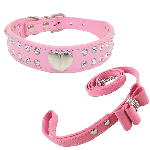 Newtensina PU Leder Niedliches Herz Hundehalsband und Leine für kleine Hunde - Rosa - M von Newtensina