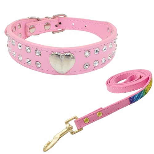 Newtensina PU Leder Niedliches Herz Hundehalsband und Leine für kleine Hunde - Rosa - XXS von Newtensina