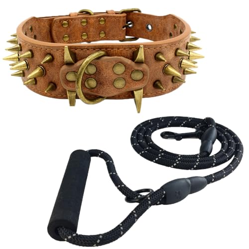 Newtensina Retro Bronze Nieten Hundehalsband und Leine Heavy Duty Hundehalsband mit Nieten für große Hunde (0042) - Schwarz - S von Newtensina