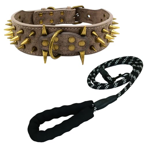 Newtensina Retro Bronze Nieten Hundehalsband und Leine Heavy Duty Hundehalsband mit Nieten für große Hunde (0043) - Schwarz - L von Newtensina