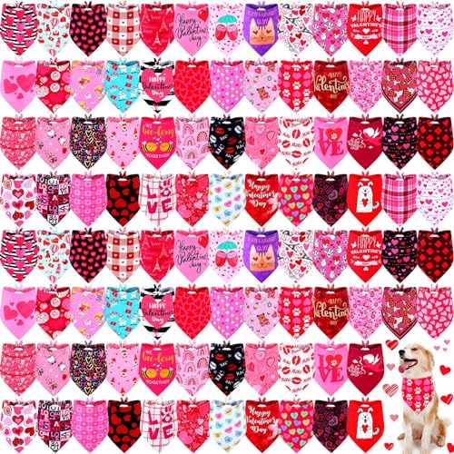 Newwiee 100 Stück Valentinstag Hund Bandanas Bulk Weich und Atmungsaktiv Verstellbar Herz Hund Katze Muster Druck Hund Halstuch für kleine bis große Hunde Welpen Katze von Newwiee