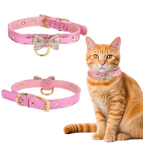 NiCoLa Gold Bling Diamond Giltter Lederhalsband Strass Hund Katze Halsband Bling Verstellbares Haustier Halsband für kleine Hunde und Katzen (M, Rosa) von NiCoLa