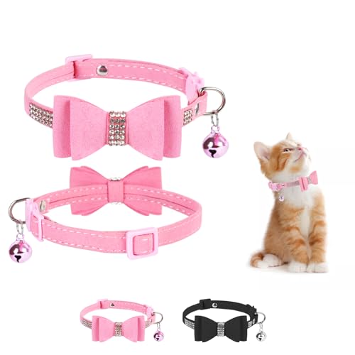 NiCoLa Katzenhalsbänder für Mädchen, Rosa, Katzenhalsband mit Glocke und Fliege, Glitzer-Strasssteine, Katzenhalsbänder, Schnellverschluss, weiche Kätzchen-Halsbänder für Mädchen, Katzen (Rosa) von NiCoLa