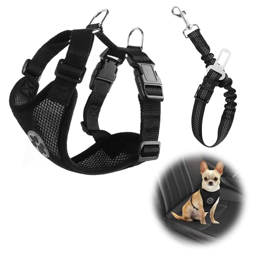 NiCola Hundegeschirr Auto mit Sicherheitsgurten, Schwarz Hund Reise Auto Geschirr, 2pcs verstellbares Hundegeschirr mit Autosicherheitsgurt für Reisen, tägliches Pendeln (Schwarz, XS) von NiCola