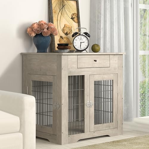 Okak Hundekäfig, Möbel-Stil, Hundekäfig, Beistelltisch mit Schubladen, Holz-Hundebox mit doppelten Schiebetüren, Hundehütte für mittelgroße und große Hunde, Grau, 76 cm L von NicBex