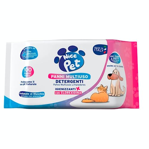 Nice Pet Hygienetücher für Hunde, Katzen mit Chlorhexidin – 100 Tücher – schützen den natürlichen pH-Wert – Duft mit Moschus – ideal für die Hygiene von Hunden und Katzen | Reinigungstücher für Hunde von Nice Pet