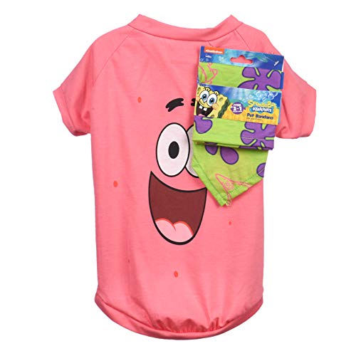 Nickelodeon Spongebob Squarepants Patrick Pink Shirt für Hunde & grünes Bandana, Größe S, weich und bequem, Spongebob Kleidung für Hunde, leichtes T-Shirt & Hundehalstuch von Nickelodeon