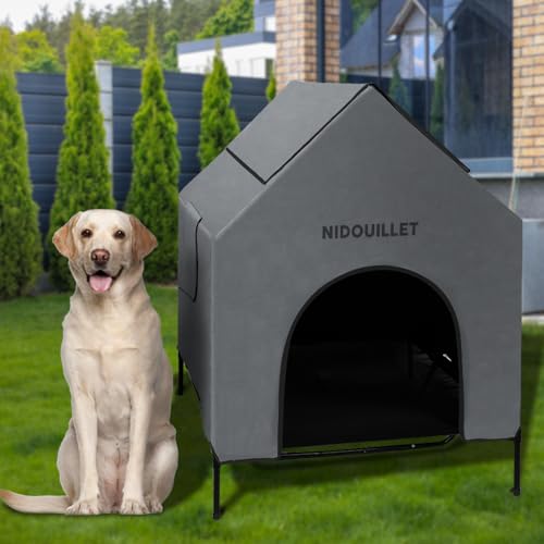 Nidouillet Große Hundehütte für drinnen und draußen, wetterfest, 600D PVC, großes Hundehaus mit 21,6 cm H Textilene, erhöhtes Hundebett, atmungsaktiv, leicht zu reinigen, Hundehütte, max. 90 kg, 121,9 von Nidouillet