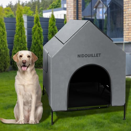 Nidouillet Große Hundehütte für drinnen und draußen, wetterfest, 600D PVC, großes Hundehaus mit 21,6 cm Höhe, Textilene, erhöhtes Hundebett, atmungsaktiv, leicht zu reinigen, max. 90 kg, Grau von Nidouillet