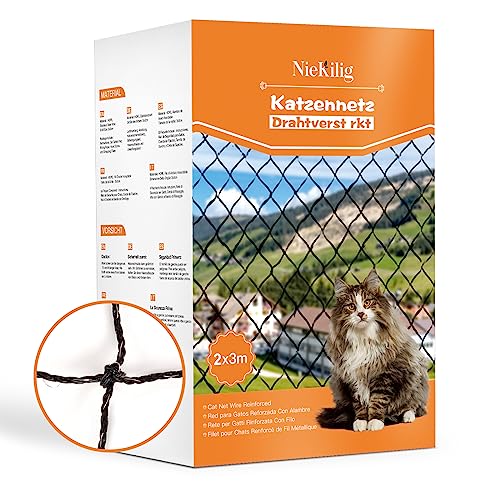 NieKilig Drahtverstärktes Katzennetz für Balkone, 2x3m Katzengitter Fenster ohne Bohren, Balkon Drahtnetz Katzen für Balkone, Terrassen, Fenster, Oberlichter, Türen, Zäune von NieKilig