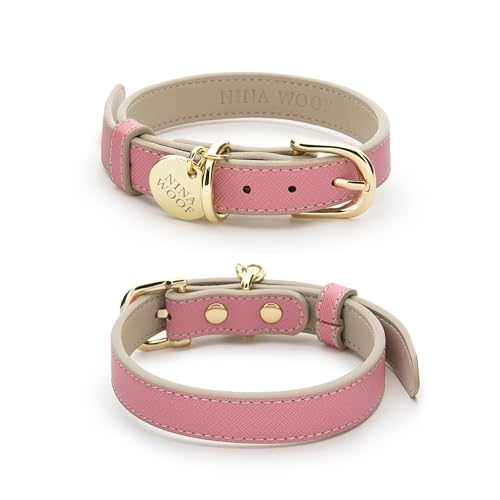 Nina Woof Rio Pink Hundehalsband aus veganem Leder – Gepolstertes luxuriöses verstellbares Schnallenhalsband – nachhaltig, tierversuchsfrei, für kleine bis große Hunde von Nina Woof