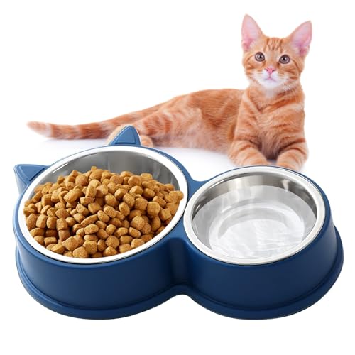 Katzennäpfe Katzenschüssel Set, 30cm Edelstahl Doppel Napf, rutschfeste Katzennapf aus Edelstahl, Fressnapf Katze Wasserschale, Katzennapf erhöht Näpfe und Tränken für Haustier（Blau） von Ninesun