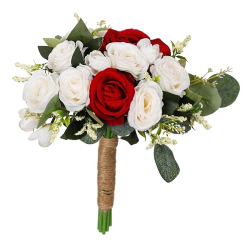 Nishiyuenyi Hochzeitsstrauß Fake Blumenstrauß Brautjungfernstrauß Tossing Bouquet für Braut Brautjungfern Jahrestag Französische Rustikale Hochzeit, rot-Weiss von Nishiyuenyi