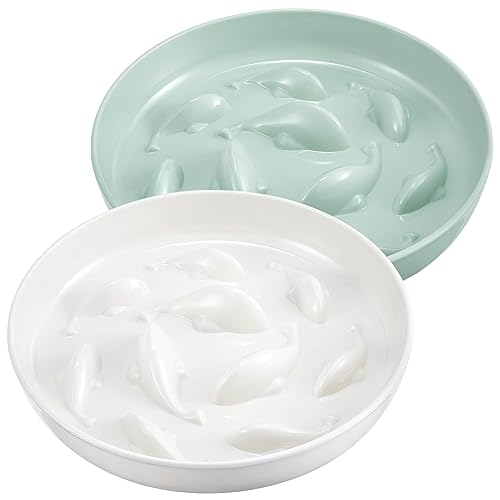 Nitial 2 Pcs Cat Puzzle Feeder Cat Slow Feeder Bowl Cat Dish Fun Interactive Cat Food Bowl Pet Feeder Healthy Eating Diet Cat Bowls for Cats Puppy Dogs Dishwasher Safe, Fish Pool Design, Green White von Nitial