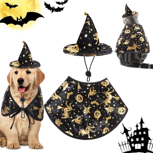 Halloween-Hexenumhang-Set, Halloween-Haustier-Hexenumhang, verstellbar, Haustierkostüm, Umhang, Hexenhut für Katzen und kleine Hunde, Halloween-Dekoration (schwarz) von Niuoppy