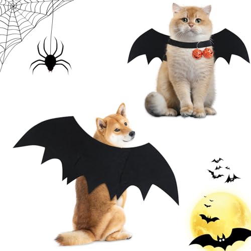 Haustier-Fledermausflügel, Katzen-Halloween-Fledermausflügel, Haustierkostüme mit Kürbisglocken, Halloween-Fledermaus-Haustier-Kostüm für Halloween, Welpen, Kätzchen, Cosplay-Party (Schwarz-01) von Niuoppy