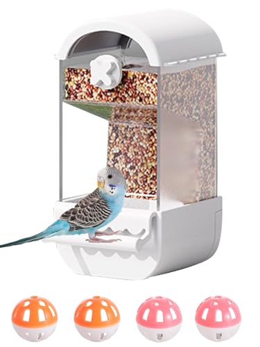 Niwaes Automatischer Vogelfutterspender für Käfig, kein Durcheinander, für Papageien, transparent, Acryl, Samenfutter, Käfigzubehör mit Ballspielzeug für kleine und mittelgroße Sittiche, Lovebirds von Niwaes