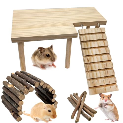 Niwaes Hamsterplattform aus Holz mit Beinen, Kleine Syrische Hamster Kletterplattformen mit Rampe Kit Holzleiter Brücke Ratte Spielspielzeug Stehtisch Rennmäuse Käfig Zubehör von Niwaes