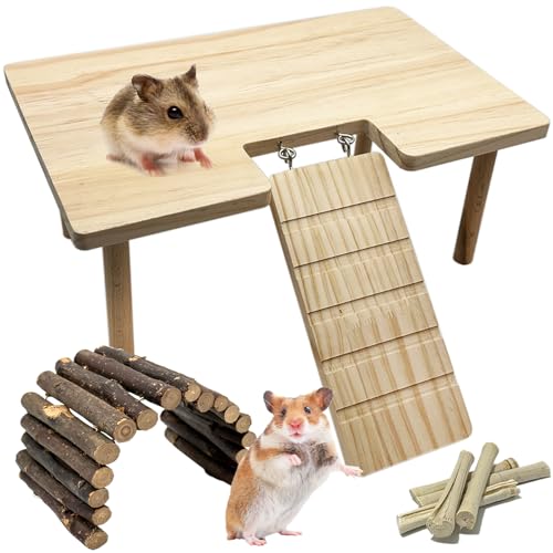 Niwaes Hamsterplattform aus Holz mit Leiter Große Syrische Hamster Stehplattformen mit Beinen Kit Holz Rennmäuse Kletterbrücke Spielzeug Käfig Zubehör von Niwaes