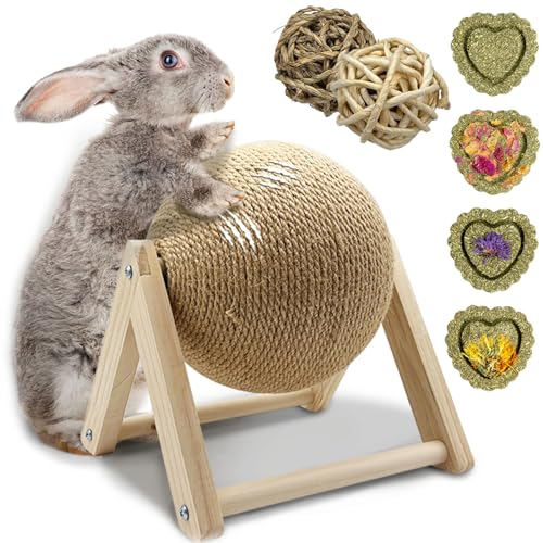 Niwaes Kaninchen-Kratzspielzeug, Spielzeuge – Hasenspielzeug für Kaninchen, natürlicher Sisal, Haustier-Krallenkratzball, Holz, kleine Tiere, Langeweile, Breaker für Innenfrettchen, Chinchillas (groß) von Niwaes