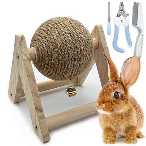 Kaninchen-Kratzspielzeug-Set, Naturholz, Sisal, Kaninchen, Kratzball, Aktivitätsball mit Glocke, Krallenkratzer, für Indoor-Hasen, Frettchen, Chinchillas, Kätzchen, Kleintiere, 4 Stück von Niwaes