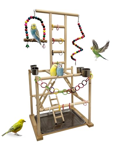 Niwaes Vogelspielständer, großer Sittich-Spielplatz, natürliches Holz, Papageien-Sitzstange, Vogel-Spielstudio, Kakadus, Käfigzubehör mit Futterbecher, Schaukeln für Nymphensittiche, Wellensittiche, von Niwaes