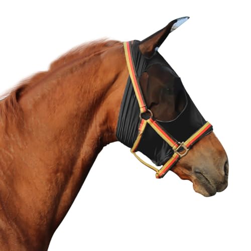 Niwugady Fliegenmaske für Pferde mit Ohren, Netz, atmungsaktiv, eng anliegend, bequem, elastisch, große Netz-Augenabdeckungen, Pferdelaufschutz, Schutzhüllen, Größe M, Schwarz von Niwugady