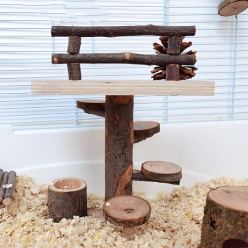 Niwugady Hamster-Kletterspielzeug aus Holz, 2-stöckig, Hamster-Spielplatz, natürliche Kleintiere, Aktivitätsplattform Set mit Leiter, Futternapf, Tannenzapfen, Kauspielzeug für Rennmäuse, Ratte, Maus von Niwugady