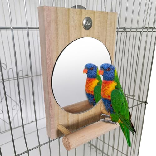 Niwugady Vogel-Sittichspiegel für Käfig, interaktives Spielspielzeug aus Holz zum Aufhängen, mit Stehstab, Kakadie, Metallmutter, integrierte Schrauben, Käfigzubehör für Lovebird Finken von Niwugady