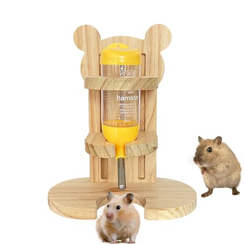 Nmkeqlos Hamster-Wasserflaschenständer aus Holz,Hamster-Wasserflaschenständer, Tropffreier automatischer Spenderhalter für Haustiere, Verstellbarer Flaschenständer aus Holz, Bär Cartoon Hamster von Nmkeqlos