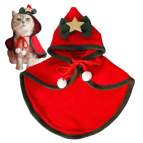 Nmkeqlos Katzen-Weihnachtsoutfit | Weiches, dickes Haustier-Weihnachtskostüm, warmer Haustierumhang mit Sternen, Schleife und Pompons, Haustierzubehör von Nmkeqlos