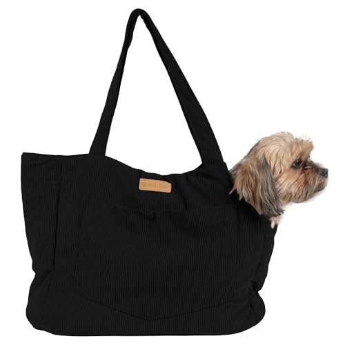 NoblePup Corduroy Hundetragetasche, leichte Baumwolle, weiche Seiten, Haustier-Tragetasche mit Sicherheitsgurt-Clip, atmungsaktive Reisetrage für kleine Hunde und Welpen (schwarz) von NoblePup