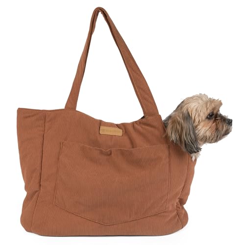 NoblePup Corduroy Hundetragetasche, leichte Baumwolle, weiche Seiten, Haustiertasche mit Sicherheitsgurt-Clip, atmungsaktive Reisetasche für kleine Hunde und Welpen (Braun) von NoblePup